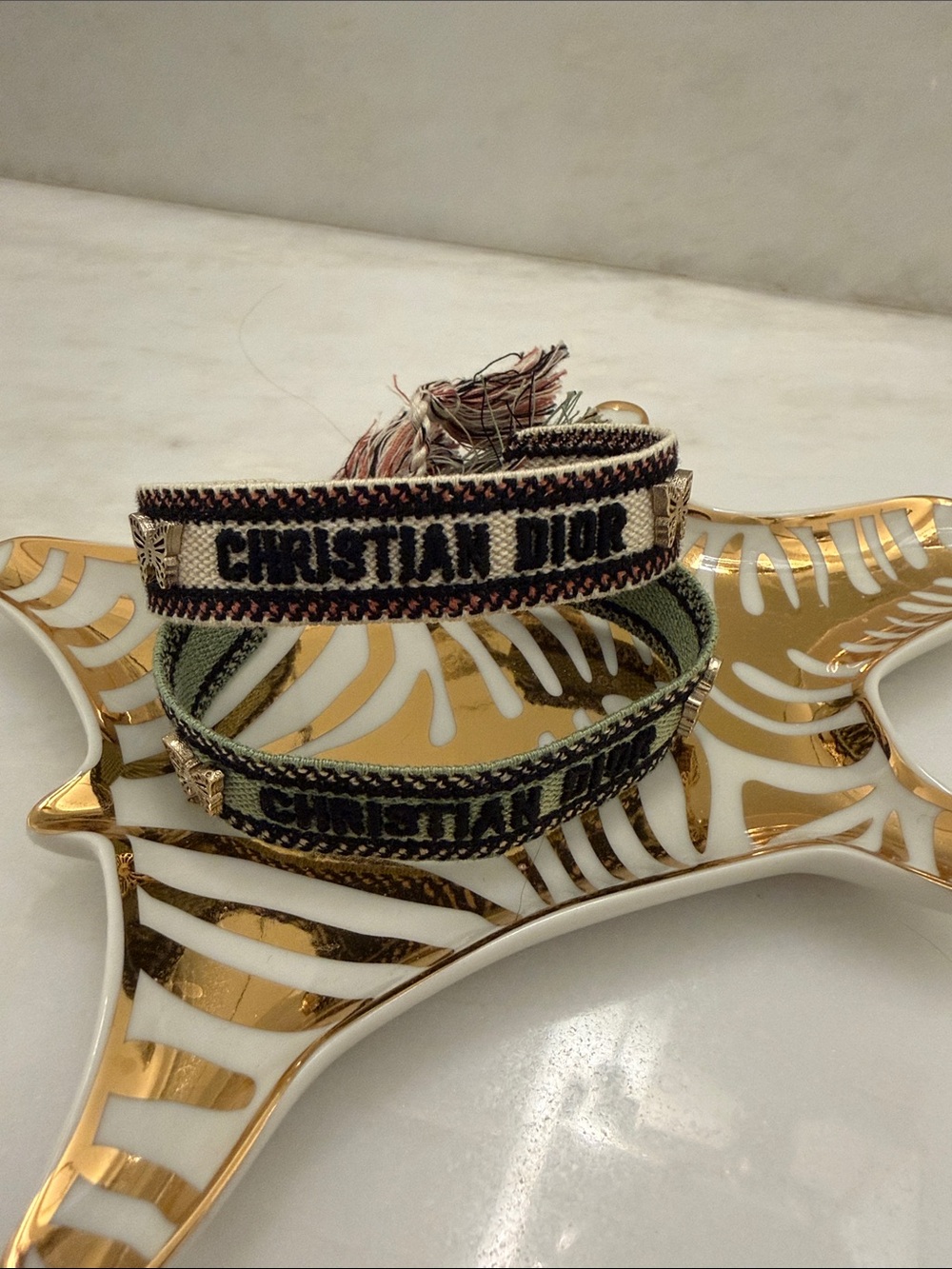 Dior Woven Logo Bracelet Green and Beige with Tassel NEW